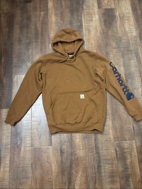 Carhartt Men’s Brown Crewneck Hoodie with Navy Logo Sleeve size small